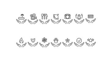 Charity and philanthropy concept. Modern vector outline symbols drawn with thin line. Line icon collection. Icons of wi fi router, star, camera, flame, kitchen utensils over opened hands