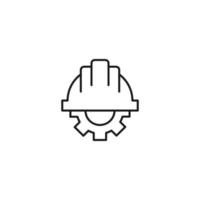 Setting or engineering concept. Vector sign drawn with thin line. Editable stroke. Perfect for web sites, stores, shops. Vector line icon of gear under building helmet