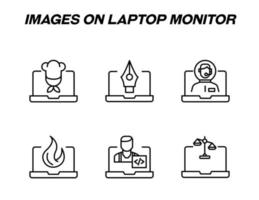 Items on laptop monitor pack. Modern vector monochrome signs. Line icon set with icons of chef, pen tool, astronaut, fire, programmer, scale