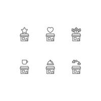 Outline symbol in modern flat style suitable for advertisement, books, stores. Line icon set with icons of heart, star, flowers, cup, scales, cloche over shop vector