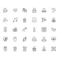 Romance and love concept. Vector monochrome outline signs drawn in flat style. Line icon set. Icons of hearts next to various items, such as ring, envelope, planet, cup, stores, giftbox