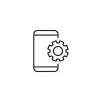 Setting or engineering concept. Vector sign drawn with thin line. Editable stroke. Perfect for web sites, stores, shops. Vector line icon of gear next to smartphone