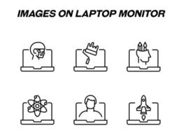 Items on laptop monitor pack. Modern vector monochrome signs. Line icon set with icons of scientist, paint roller, artist, molecule, man, spacecraft