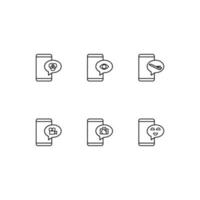 Outline symbol in modern flat style suitable for advertisement, books, stores. Line icon set with icons of circles, eye, plane, camera, smile inside of bubble on phone vector