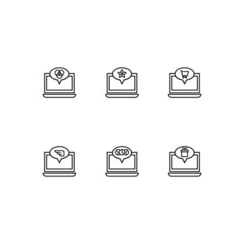 Outline symbol in modern flat style suitable for advertisement, books, stores. Line icon set with icons of circles, army star, cart, wing, clocks, giftbox inside of bubble on laptop monitor vector