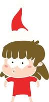 flat color illustration of a whistling girl wearing santa hat vector