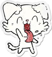 distressed sticker of a cartoon panting dog waving vector