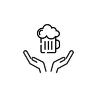 Charity and philanthropy concept. Hight quality sign drawn with thin line. Suitable for web sites, stores, internet shops, banners etc. Line icon of beer mug over opened hands vector