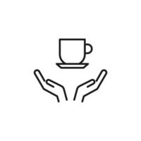 Charity and philanthropy concept. Hight quality sign drawn with thin line. Suitable for web sites, stores, internet shops, banners etc. Line icon of cup for tea or coffee over opened hands vector