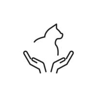 Charity and philanthropy concept. Hight quality sign drawn with thin line. Suitable for web sites, stores, internet shops, banners etc. Line icon of cat above opened hands vector