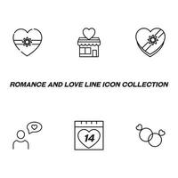 Romance and love concept. Vector monochrome outline signs drawn in flat style. Line icon set. Icon of candies boxes in form of heart, heart over shop, rings and person, heart on calendar