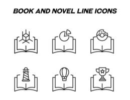 libro, lectura, educación y concepto novedoso. señales vectoriales en estilo plano. conjunto de iconos de línea de cubo, gráfico circular, donut, faro, globo, copa ganadora sobre libro vector