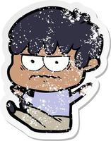 distressed sticker of a annoyed cartoon boy vector