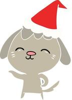 happy flat color illustration of a dog wearing santa hat vector