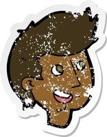 retro distressed sticker of a cartoon happy boy face vector