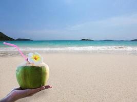 Fresh coconut in hand with plumeria decorated on beach with sea wave background - tourist with fresh fruit and sea sand sun vacation background concept photo
