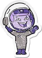 distressed sticker of a cartoon laughing astronaut vector