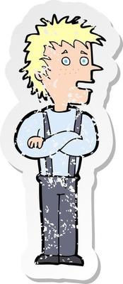 retro distressed sticker of a cartoon boy with folded arms