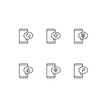 Outline symbol in modern flat style suitable for advertisement, books, stores. Line icon set with icons of arrow, cross, bikini, flame, sun, kite inside of bubble on phone vector