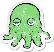 retro distressed sticker of a cartoon alien squid face vector