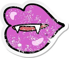 retro distressed sticker of a cartoon vampire fangs vector