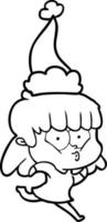 dibujo lineal de una niña silbando con sombrero de santa vector