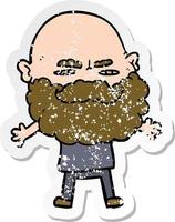 distressed sticker of a cartoon man with beard frowning vector