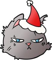 gradient cartoon of a tough cat face wearing santa hat vector