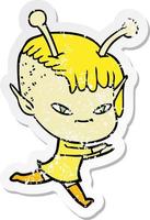 distressed sticker of a cute cartoon alien girl vector