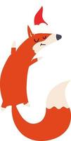flat color illustration of a jumping fox wearing santa hat vector