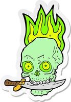 sticker of a cartoon pirate skull with knife in teeth vector