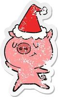 happy distressed sticker cartoon of a pig wearing santa hat vector