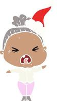 flat color illustration of a angry old woman wearing santa hat vector