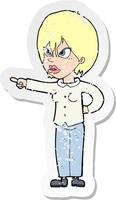 retro distressed sticker of a cartoon woman accusing vector