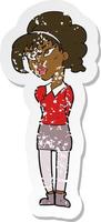 retro distressed sticker of a cartoon pretty girl tilting head vector