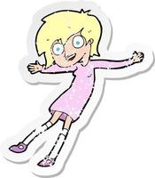 retro distressed sticker of a cartoon crazy excited girl vector