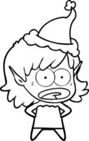 line drawing of a shocked elf girl wearing santa hat vector