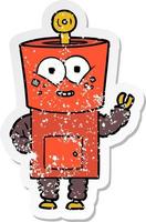 distressed sticker of a happy cartoon robot waving hello vector