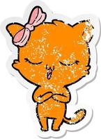 distressed sticker of a cartoon cat with bow on head vector