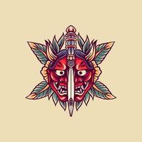 Broken Onimask And Sword Retro Illustration vector