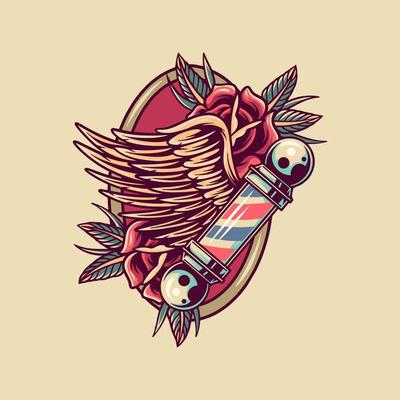 Wing Babershop And Rose Retro Illustration