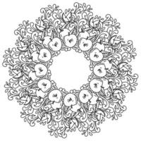 Doodle mandala with fruits and abstract patterns, apple whole and half in a contour frame in forem anti stress coloring page vector