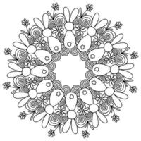 Curled mandala with spirals and silhouettes of bunnies, Easter coloring page in the form of a round frame with patterns vector