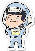 distressed sticker of a happy cartoon astronaut vector