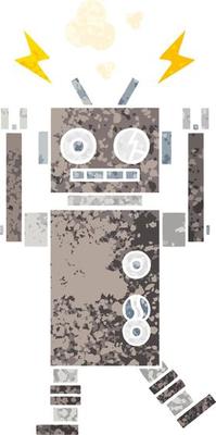 retro illustration style cartoon malfunctioning robot