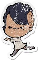 distressed sticker of a cartoon annoyed hipster girl vector