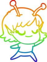 rainbow gradient line drawing smiling alien girl cartoon vector