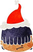 retro cartoon of a face with hair over eyes wearing santa hat vector