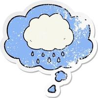 cartoon rain cloud and thought bubble as a distressed worn sticker vector