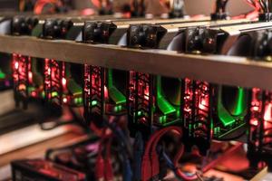 Bitcoin mining farm.  GPU for cryptocurrency miner. photo